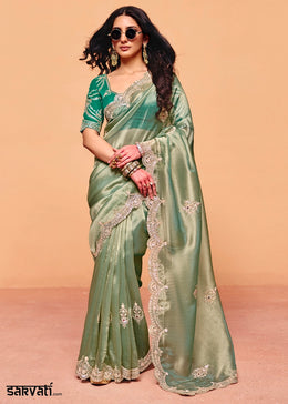 Tea Green Designer Organza Embellished Saree