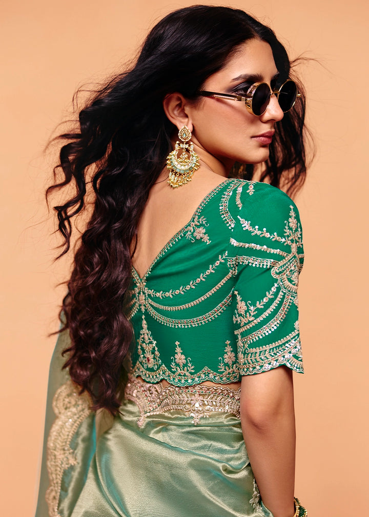 Tea Green Designer Organza Embellished Saree