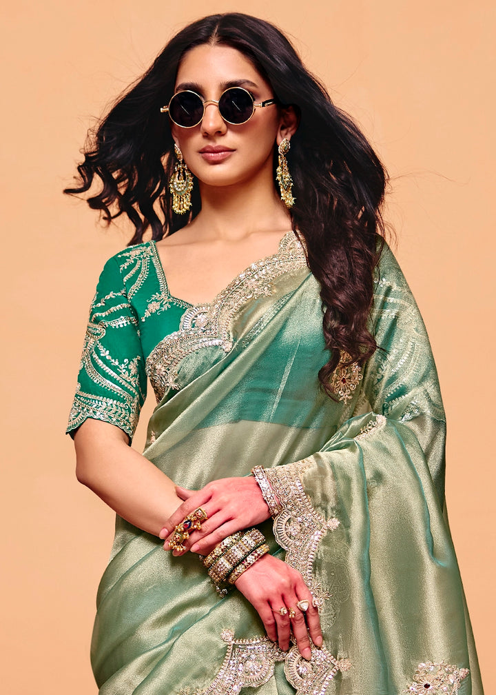 Tea Green Designer Organza Embellished Saree