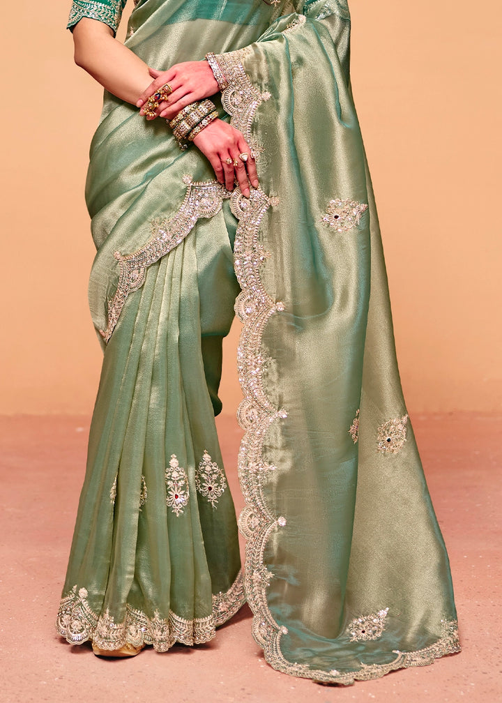 Tea Green Designer Organza Embellished Saree