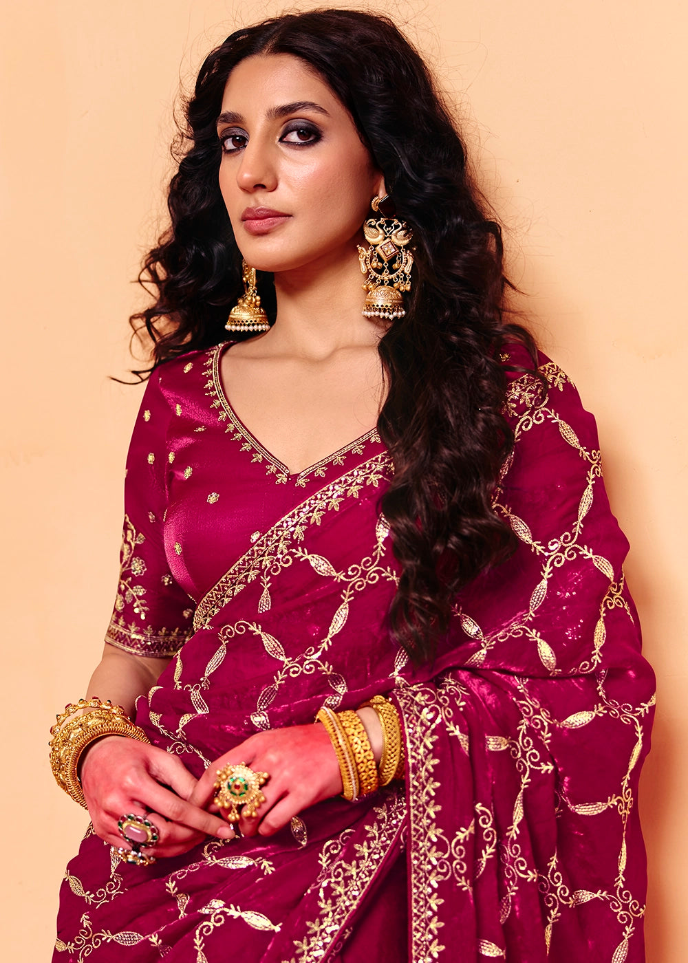 Magenta Purple Designer Organza Satin Embellished Saree