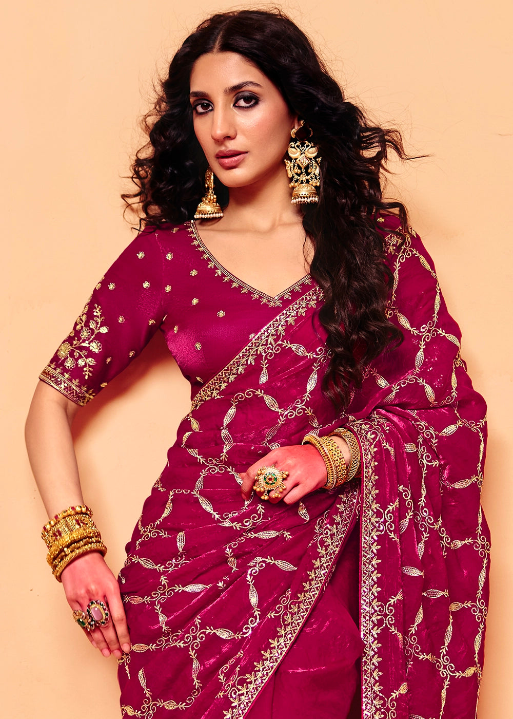 Magenta Purple Designer Organza Satin Embellished Saree