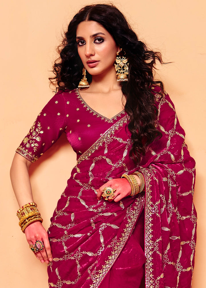 Magenta Purple Designer Organza Satin Embellished Saree