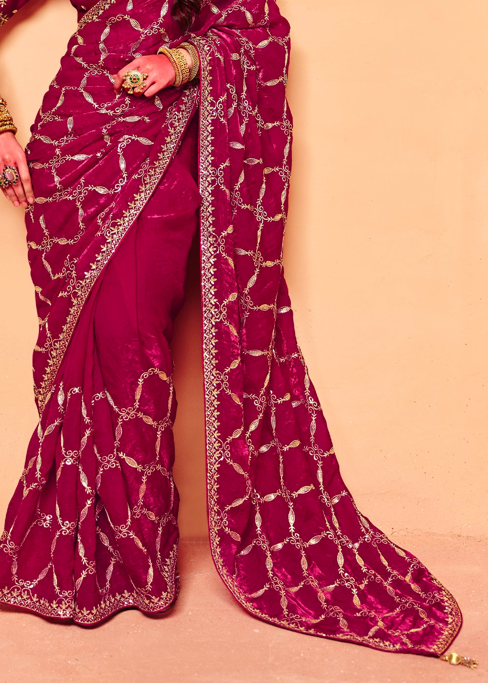 Magenta Purple Designer Organza Satin Embellished Saree