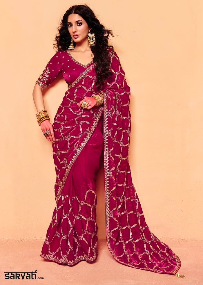 Magenta Purple Designer Organza Satin Embellished Saree