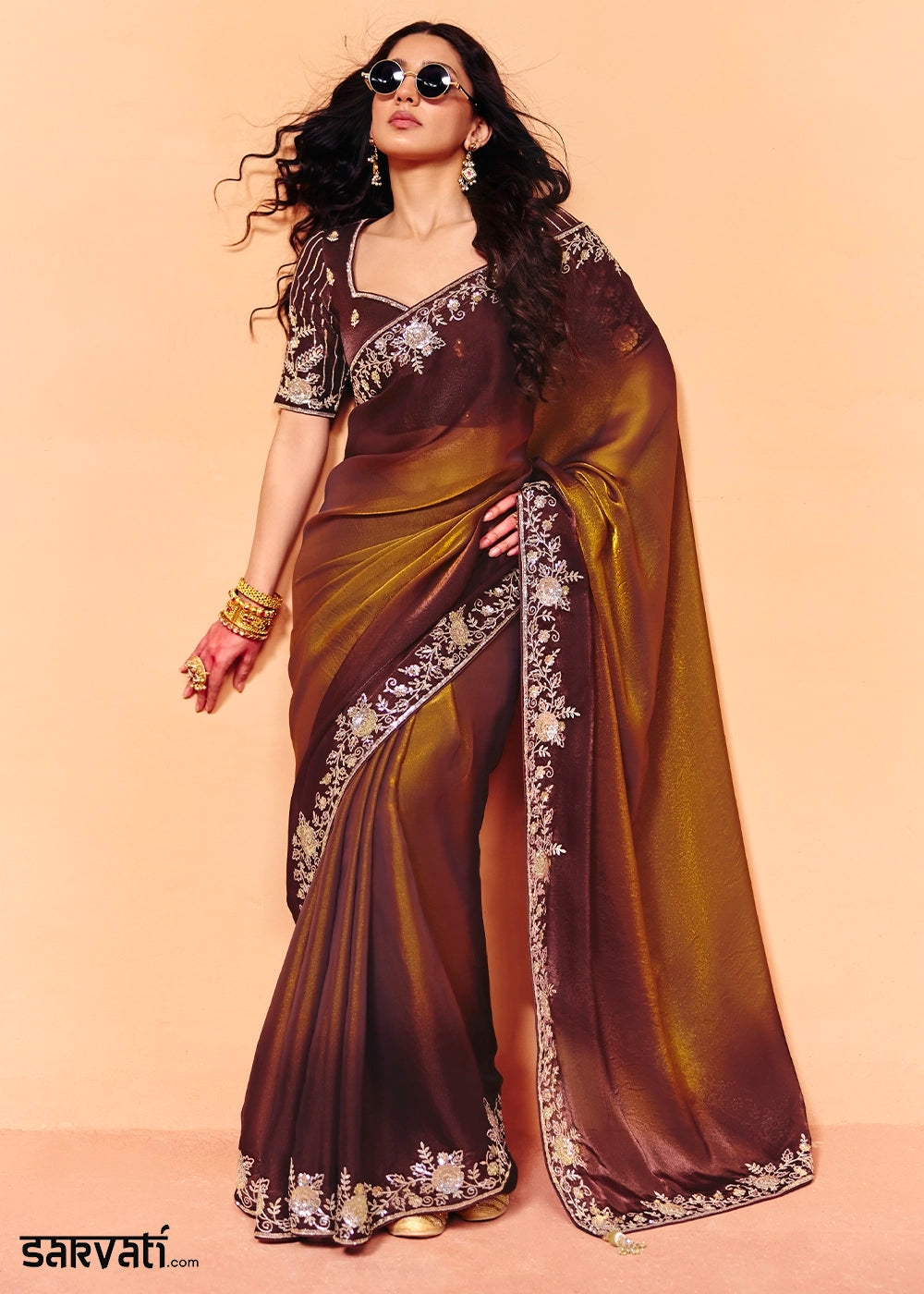 Shades Of Brown Designer Organza Satin Embellished Saree