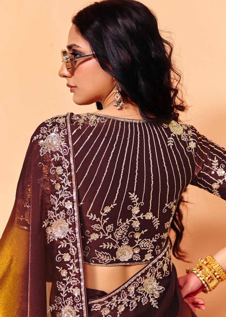 Shades Of Brown Designer Organza Satin Embellished Saree