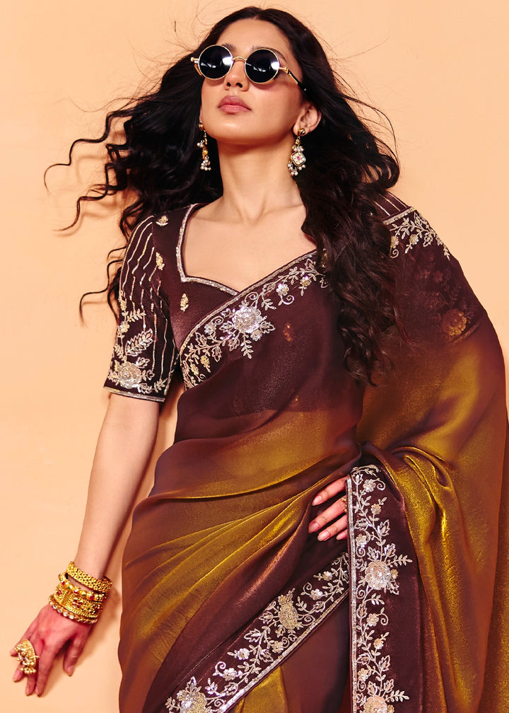Shades Of Brown Designer Organza Satin Embellished Saree