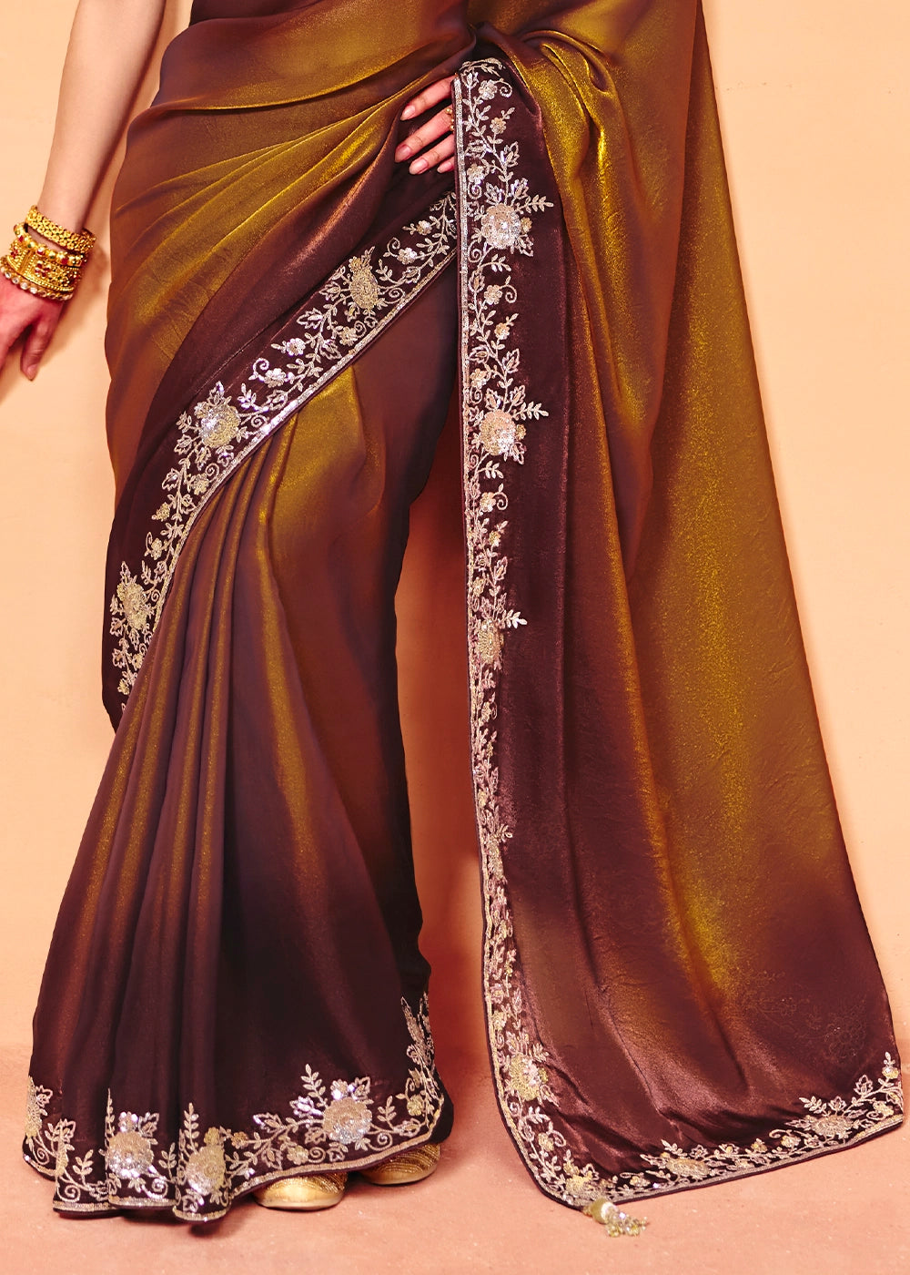 Shades Of Brown Designer Organza Satin Embellished Saree