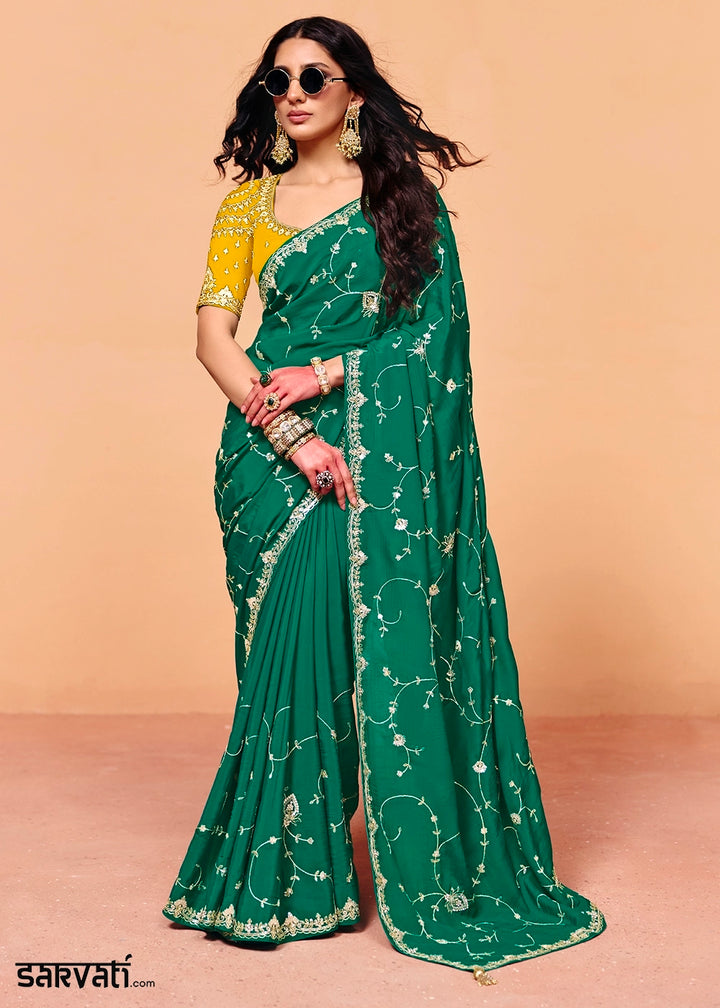 Teal Green Designer Satin Silk Embellished Saree