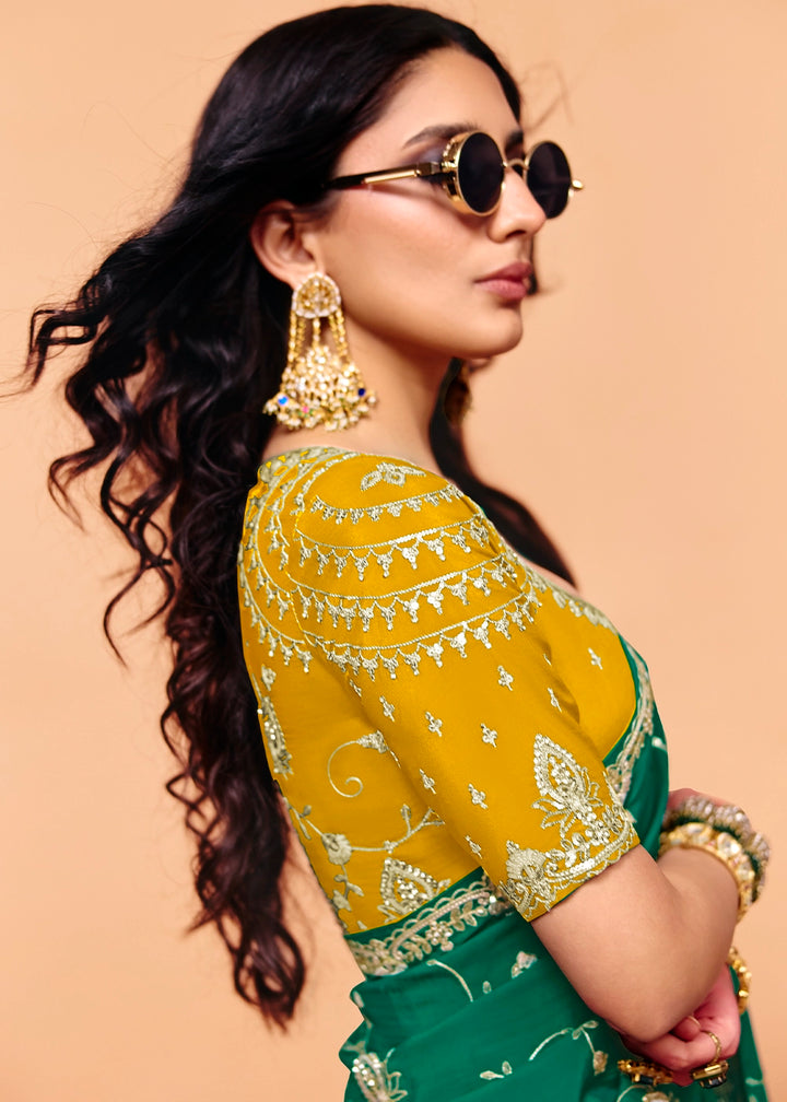 Teal Green Designer Satin Silk Embellished Saree