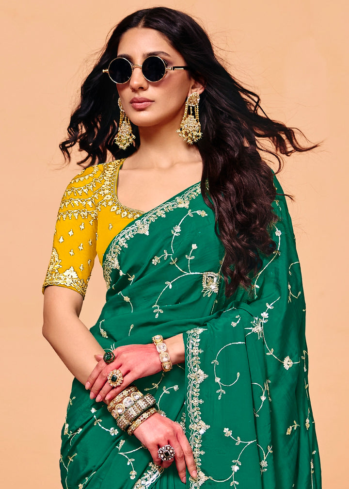 Teal Green Designer Satin Silk Embellished Saree