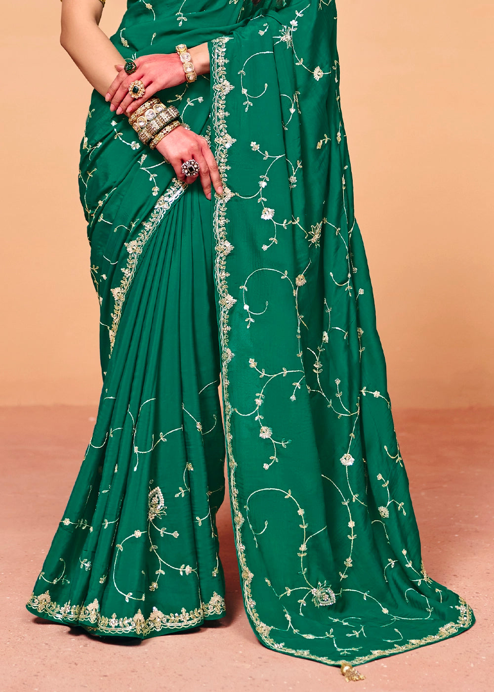 Teal Green Designer Satin Silk Embellished Saree