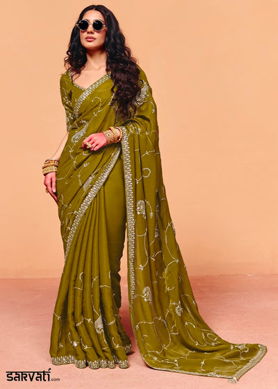 Army Green Designer Organza Satin Embellished Saree