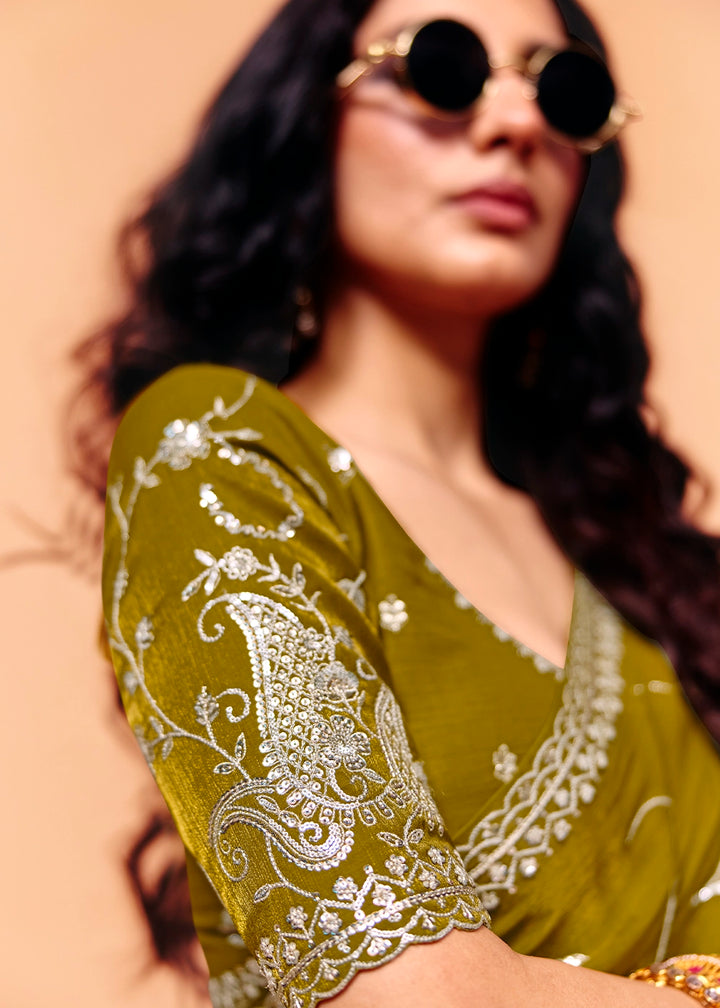 Army Green Designer Organza Satin Embellished Saree
