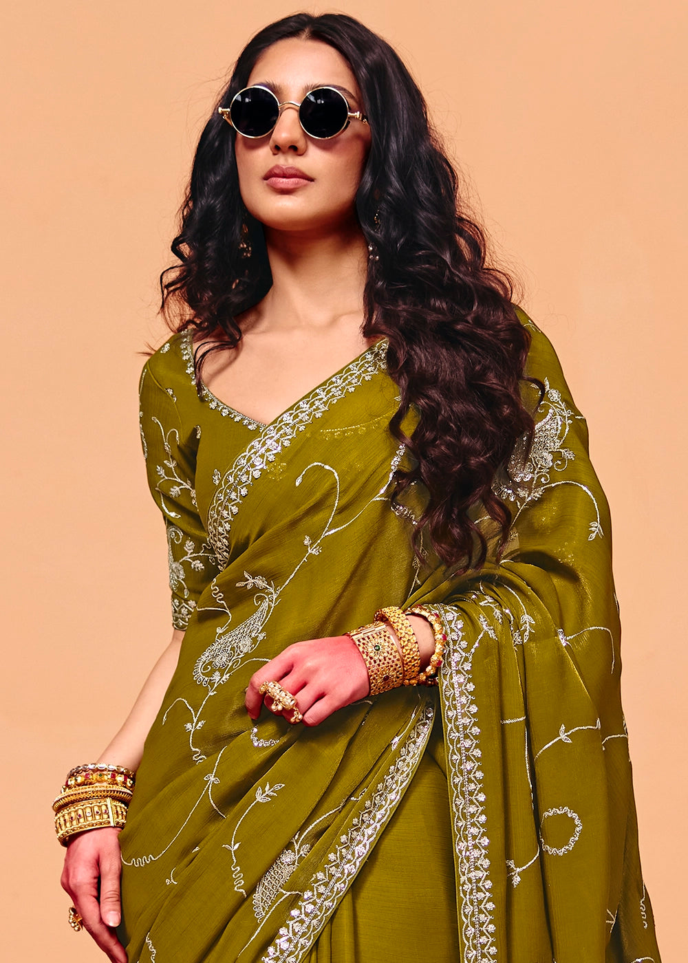 Army Green Designer Organza Satin Embellished Saree
