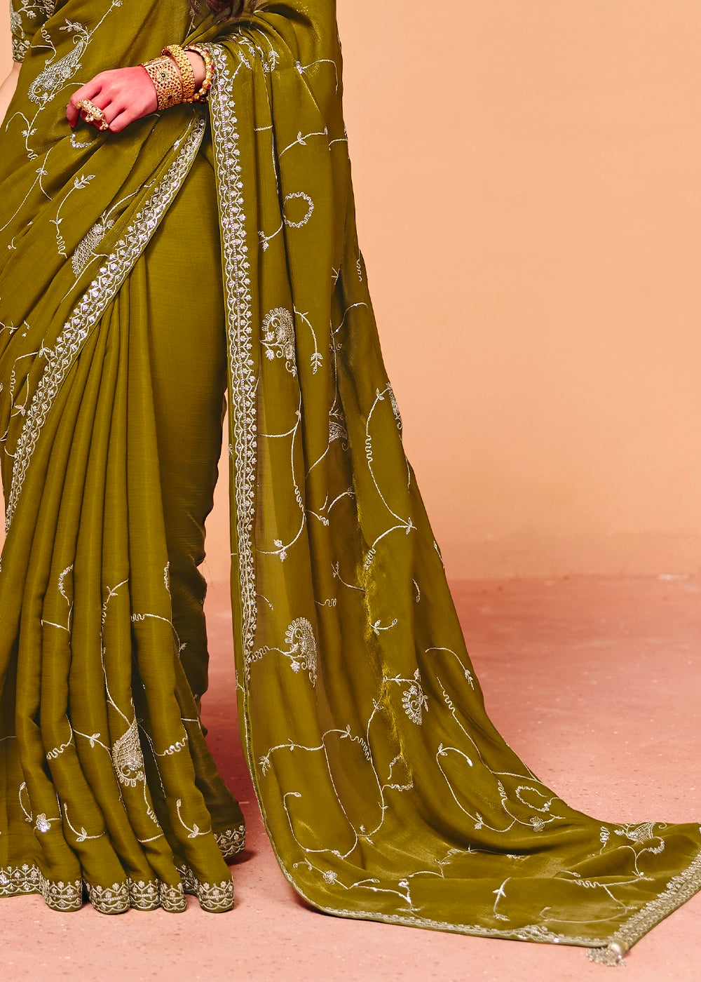 Army Green Designer Organza Satin Embellished Saree