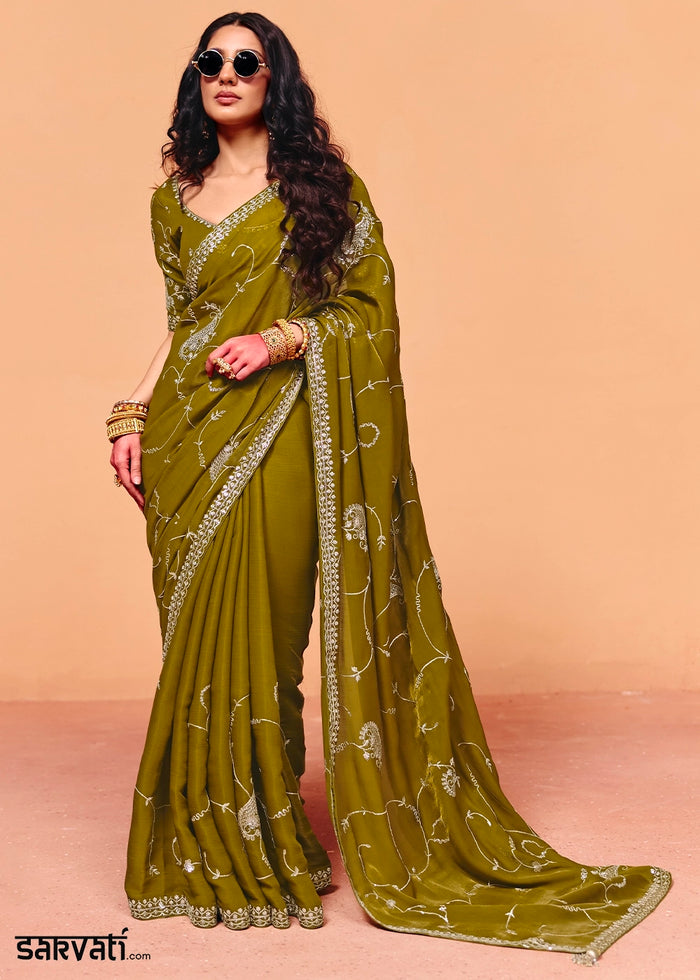 Army Green Designer Organza Satin Embellished Saree