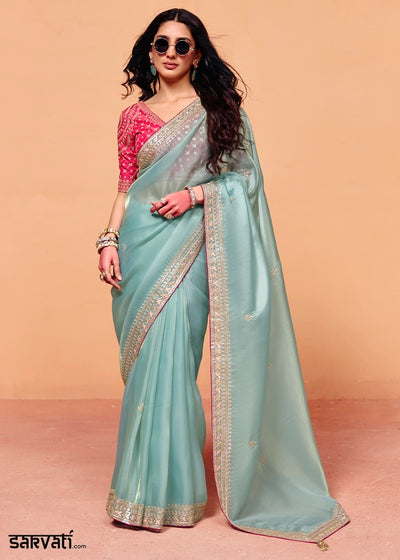Pale Turquoise Blue Designer Organza Embellished Saree