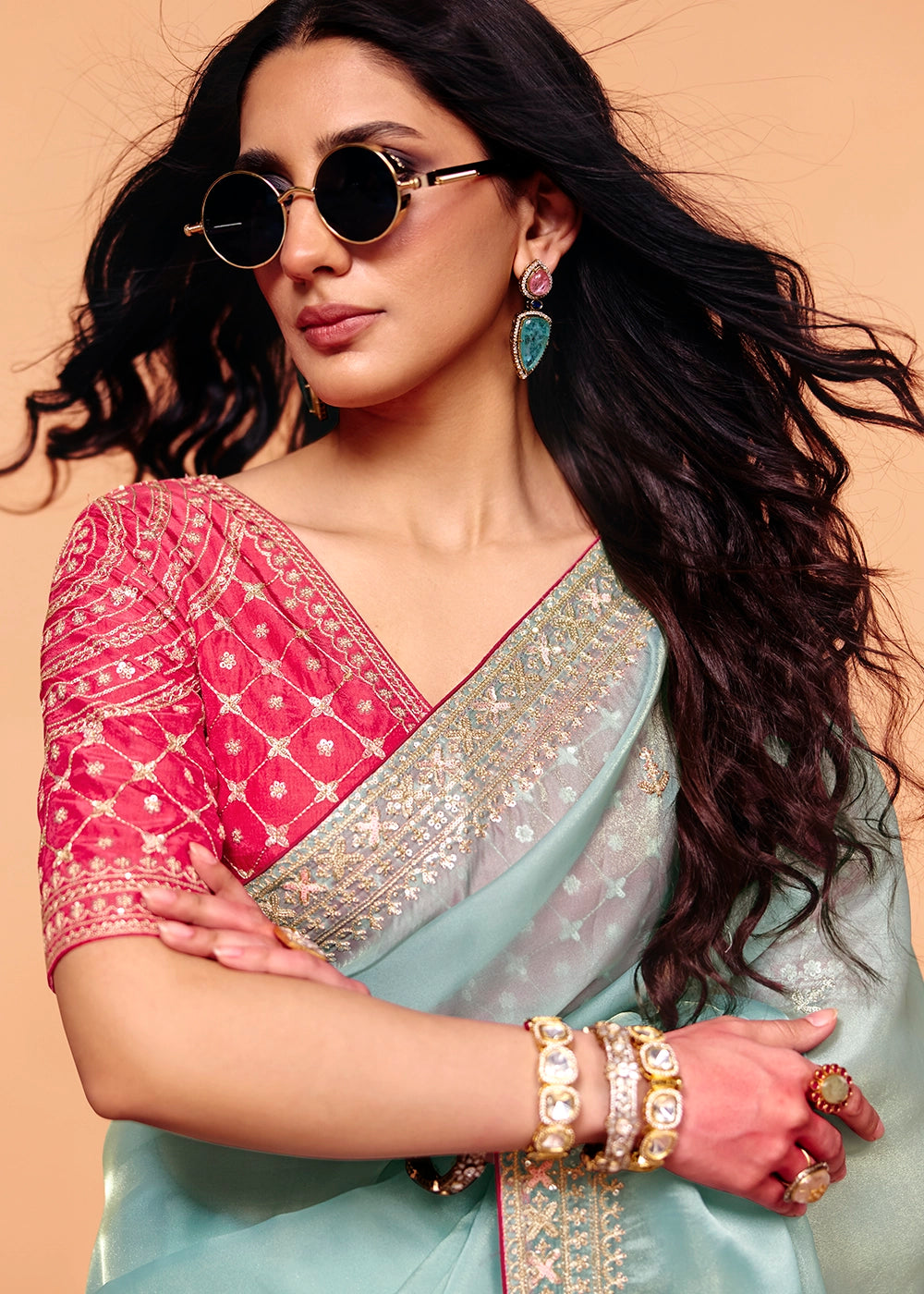 Pale Turquoise Blue Designer Organza Embellished Saree