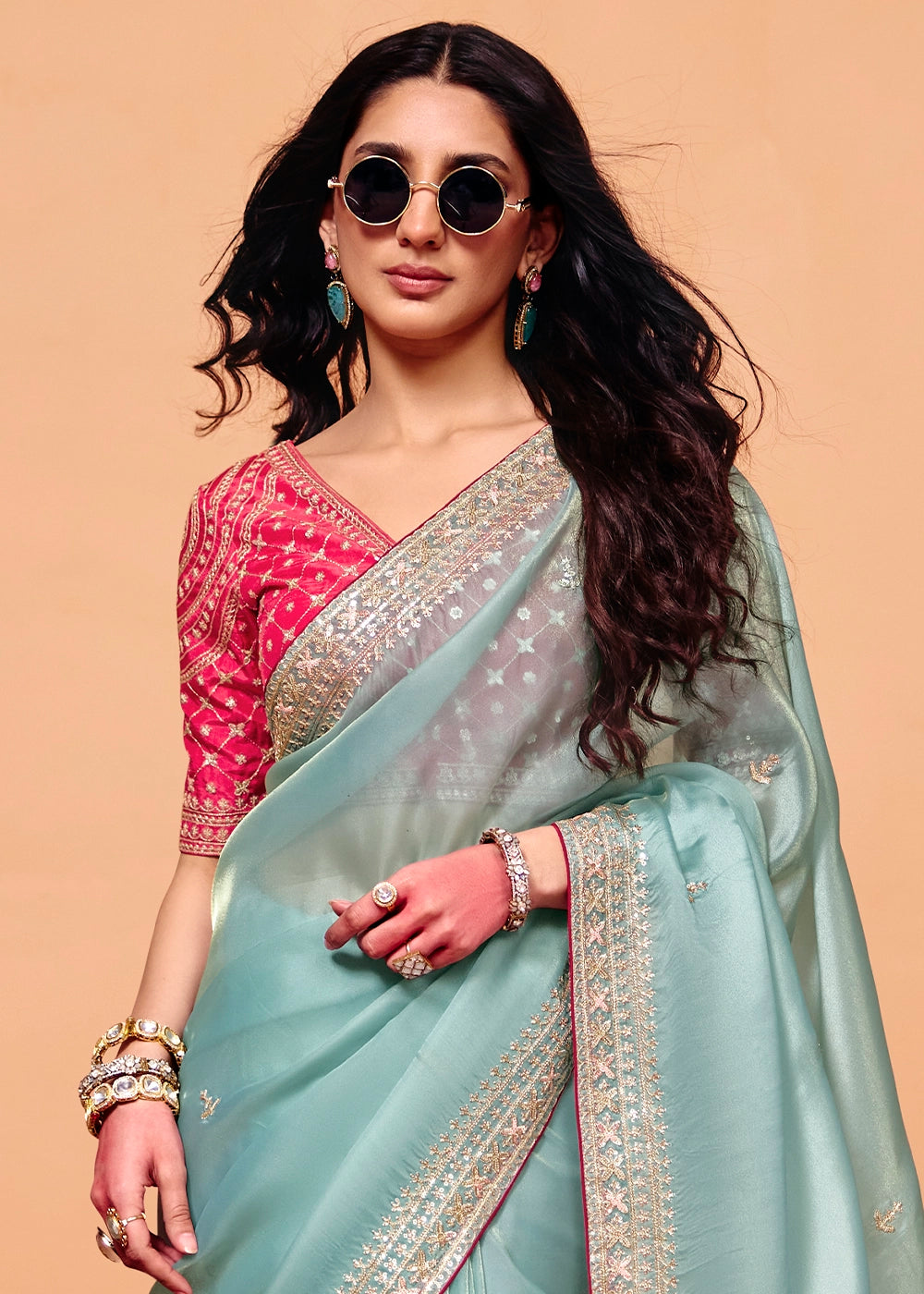 Pale Turquoise Blue Designer Organza Embellished Saree
