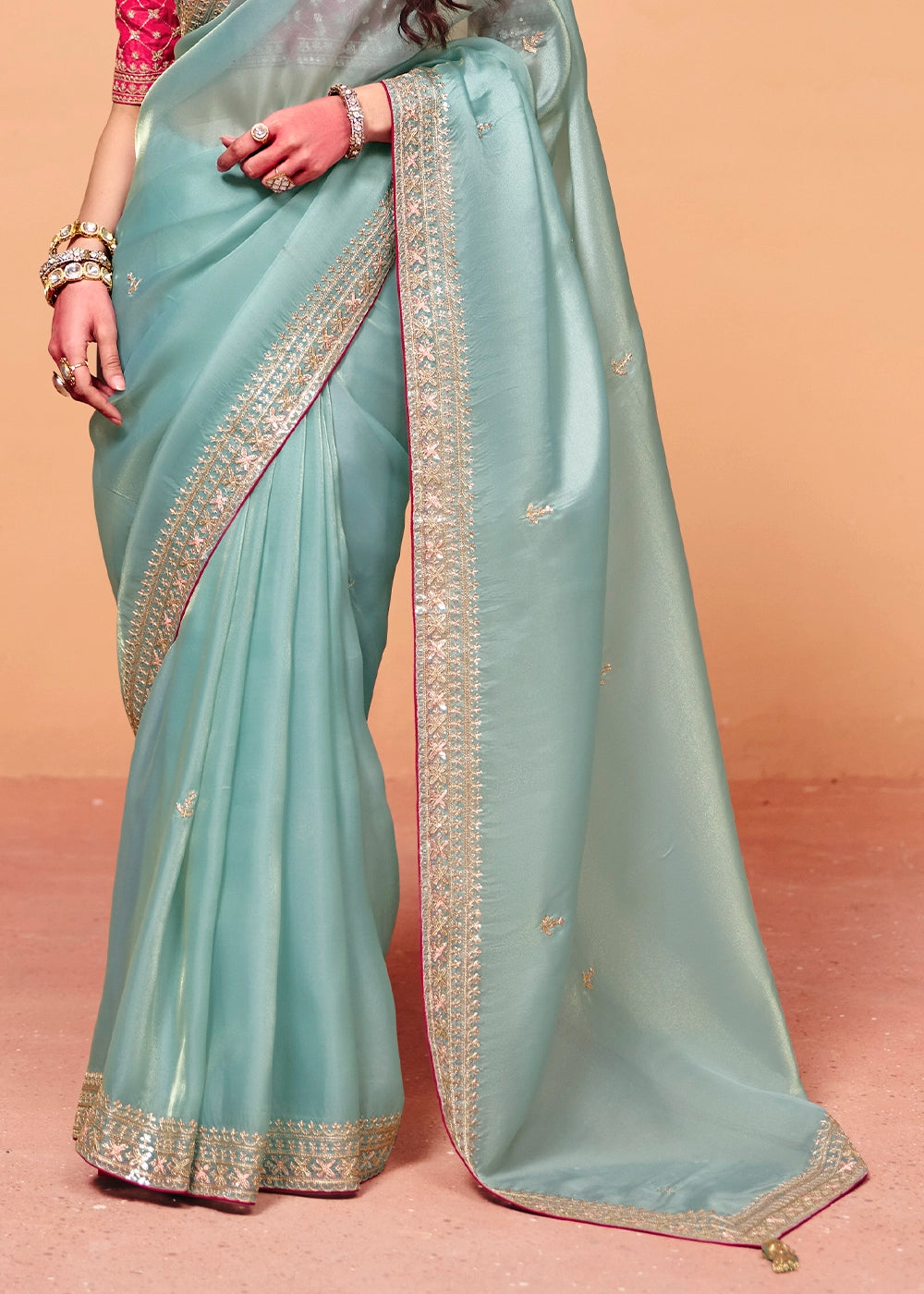 Pale Turquoise Blue Designer Organza Embellished Saree