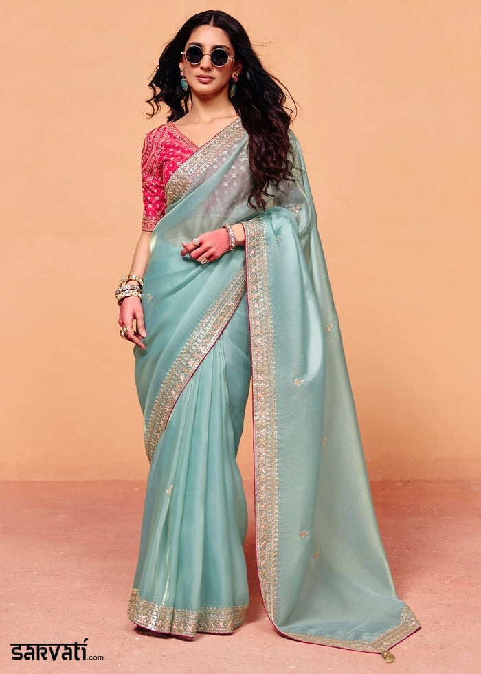 Pale Turquoise Blue Designer Organza Embellished Saree