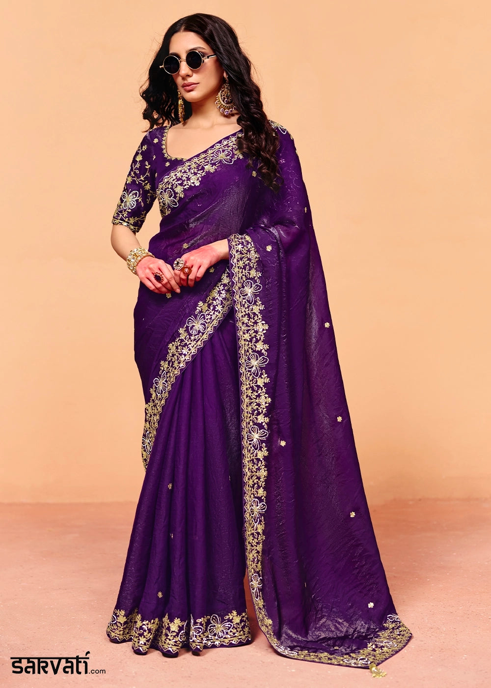 Royal Indigo Purple Designer Crush Organza Embellished Saree