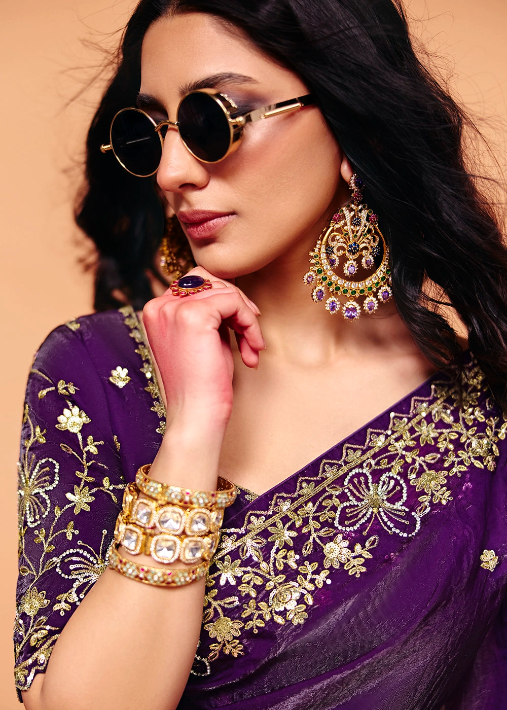 Royal Indigo Purple Designer Crush Organza Embellished Saree