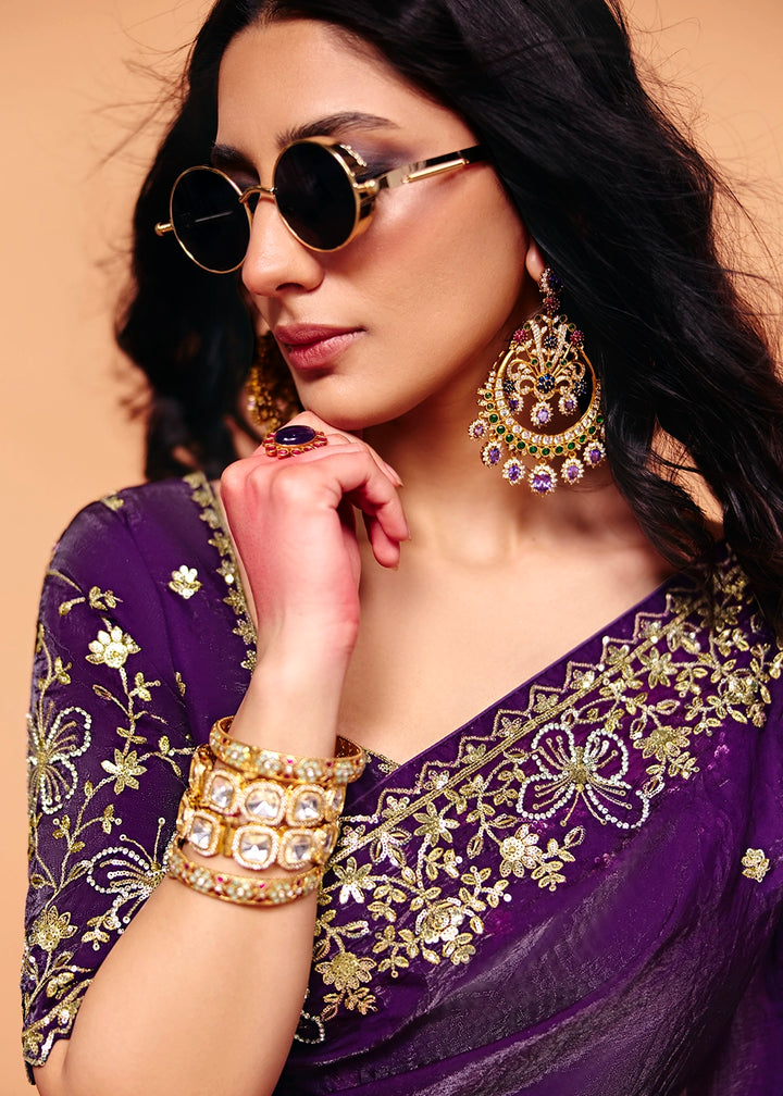Royal Indigo Purple Designer Crush Organza Embellished Saree