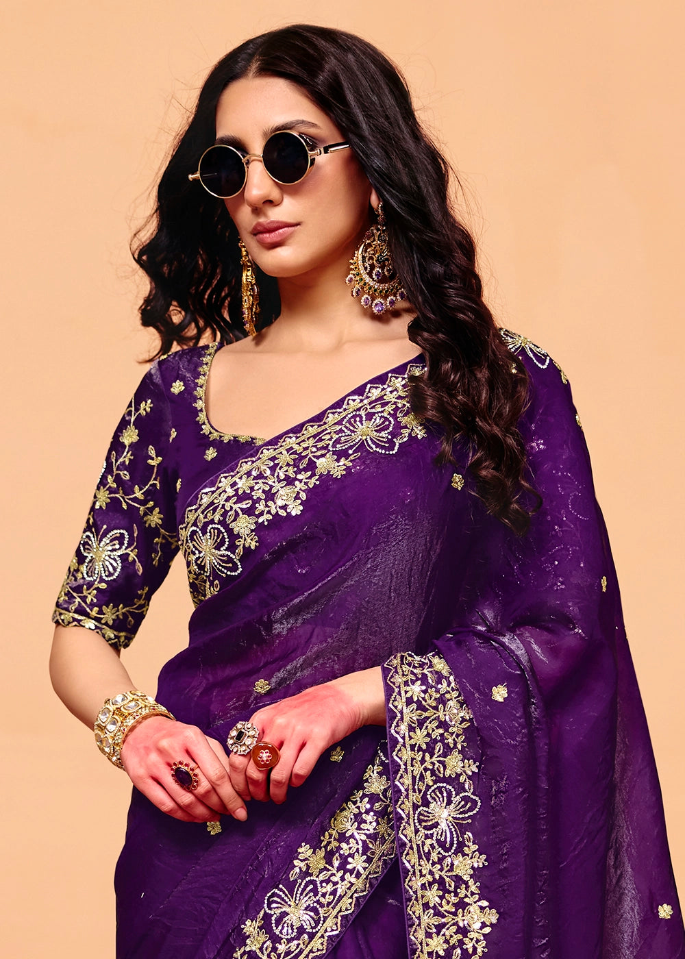 Royal Indigo Purple Designer Crush Organza Embellished Saree