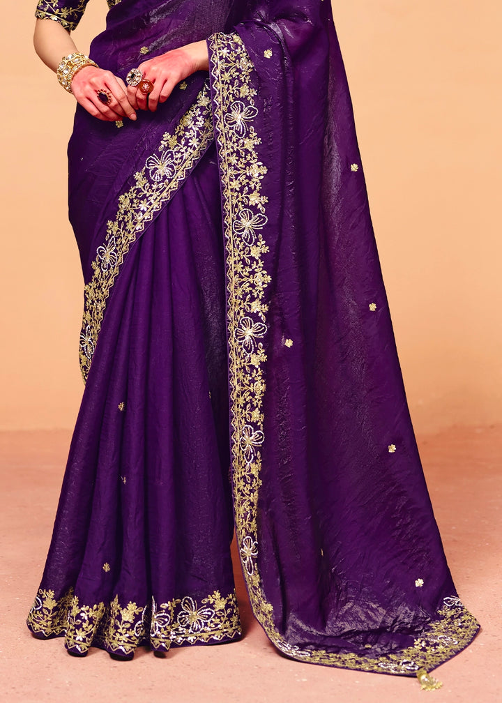 Royal Indigo Purple Designer Crush Organza Embellished Saree