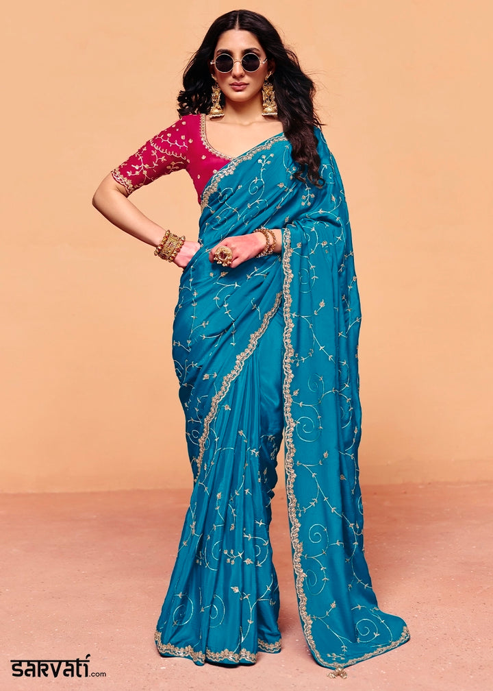 Bright Blue Designer Satin Silk Embellished Saree