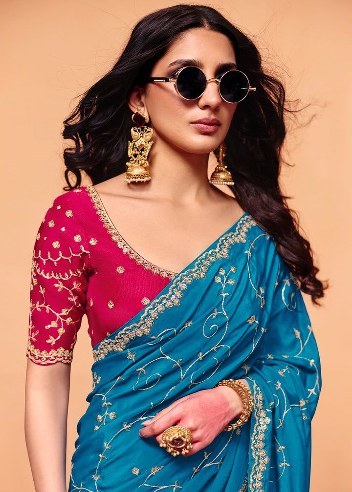 Bright Blue Designer Satin Silk Embellished Saree
