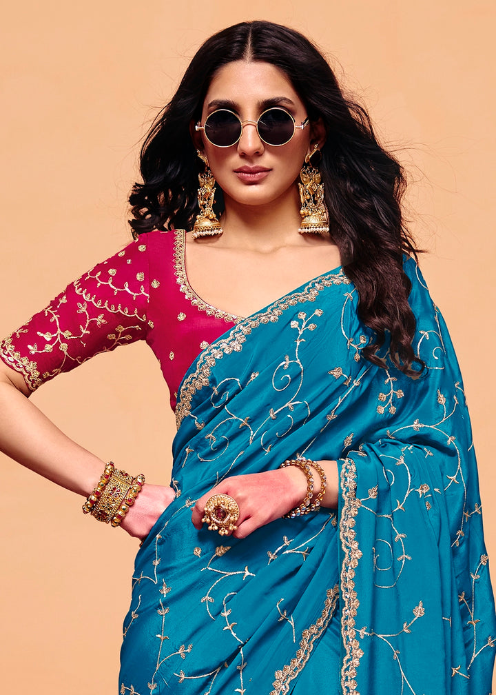 Bright Blue Designer Satin Silk Embellished Saree