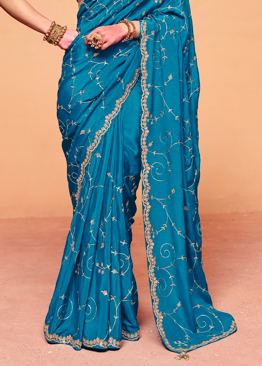 Bright Blue Designer Satin Silk Embellished Saree