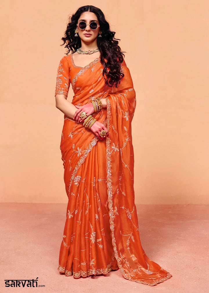 Sherbet Orange Designer Organza Satin Embellished Saree