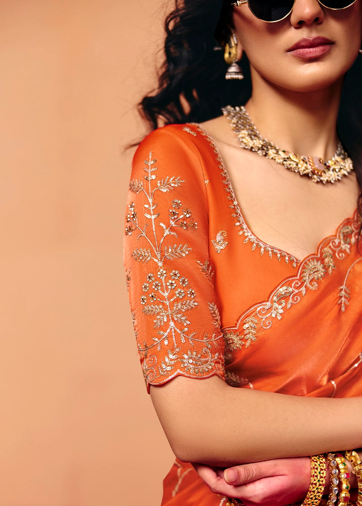 Sherbet Orange Designer Organza Satin Embellished Saree