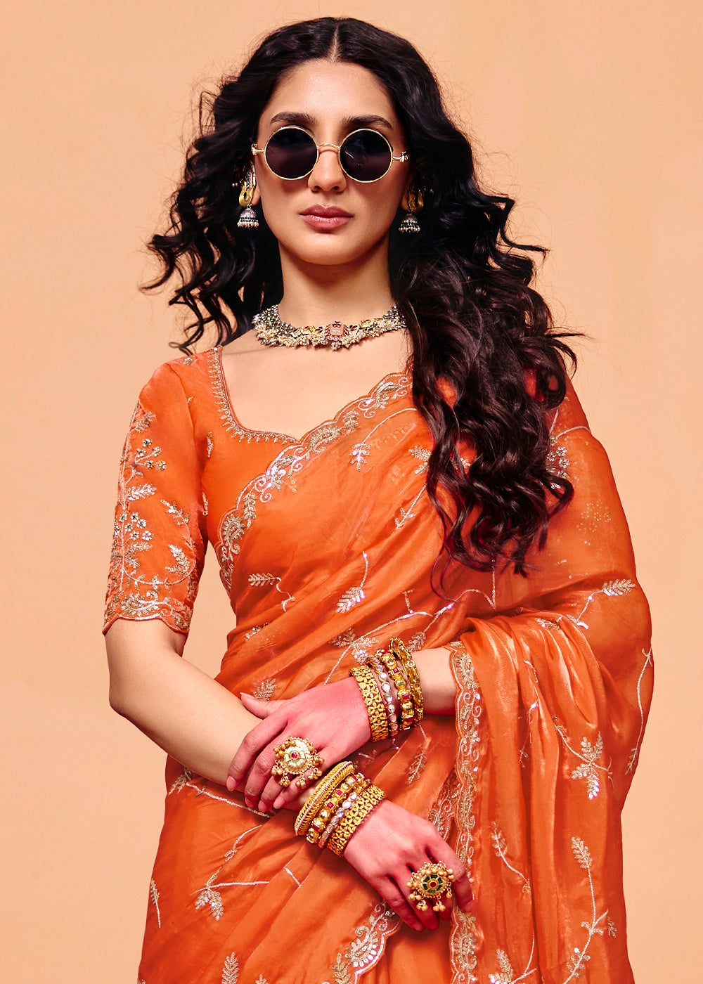 Sherbet Orange Designer Organza Satin Embellished Saree