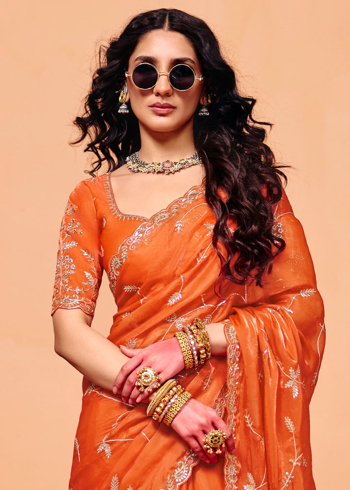 Sherbet Orange Designer Organza Satin Embellished Saree