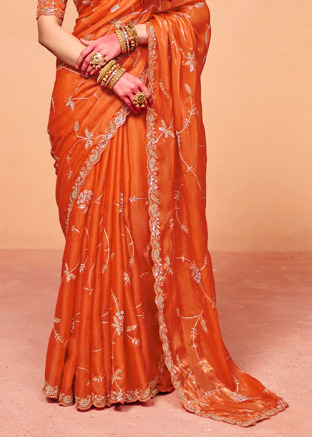 Sherbet Orange Designer Organza Satin Embellished Saree