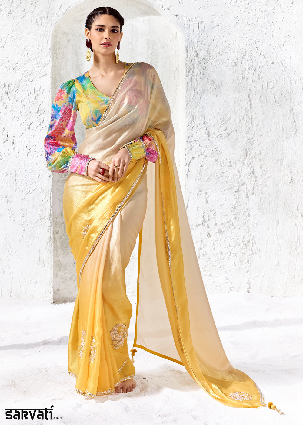 Yellow &amp; Cream Designer Organza Saree with Shimmering Sequin Detailing