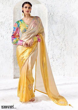Yellow & Cream Designer Organza Saree with Shimmering Sequin Detailing