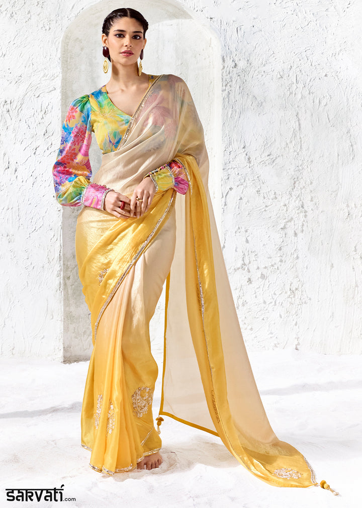 Yellow &amp; Cream Designer Organza Saree with Shimmering Sequin Detailing