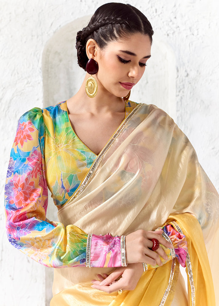 Yellow &amp; Cream Designer Organza Saree with Shimmering Sequin Detailing