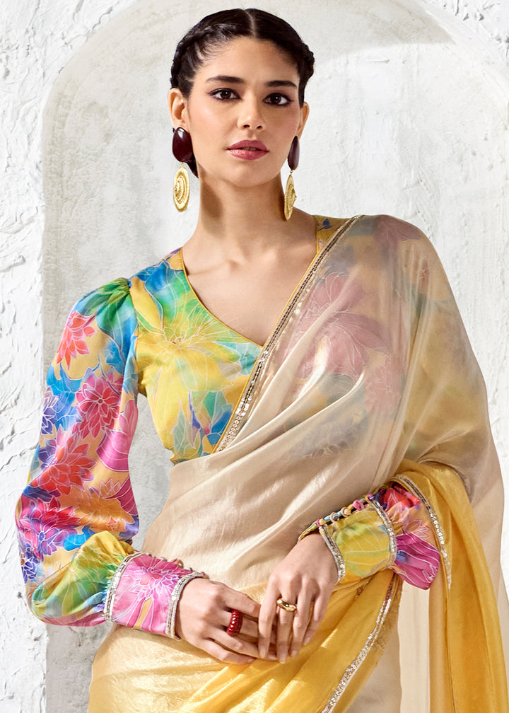 Yellow &amp; Cream Designer Organza Saree with Shimmering Sequin Detailing