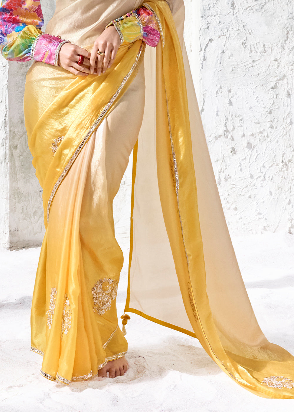 Yellow &amp; Cream Designer Organza Saree with Shimmering Sequin Detailing