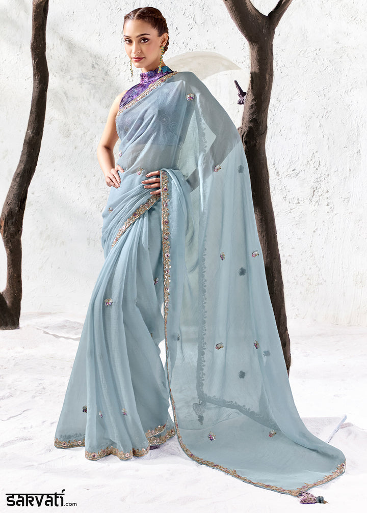 Ice Blue Designer Organza Saree with Shimmering Sequin Detailing