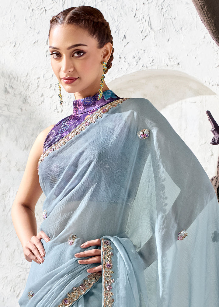 Ice Blue Designer Organza Saree with Shimmering Sequin Detailing