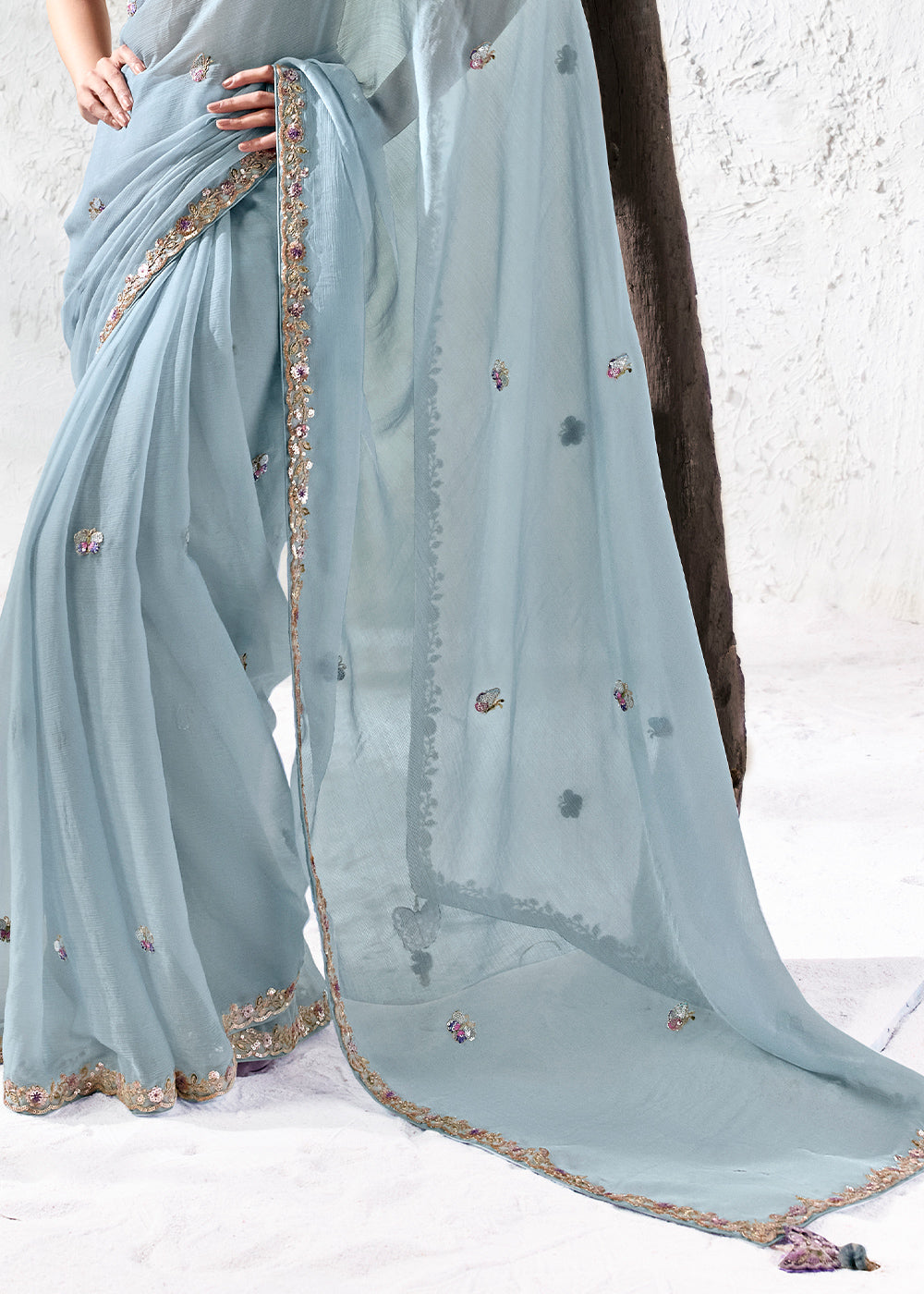 Ice Blue Designer Organza Saree with Shimmering Sequin Detailing